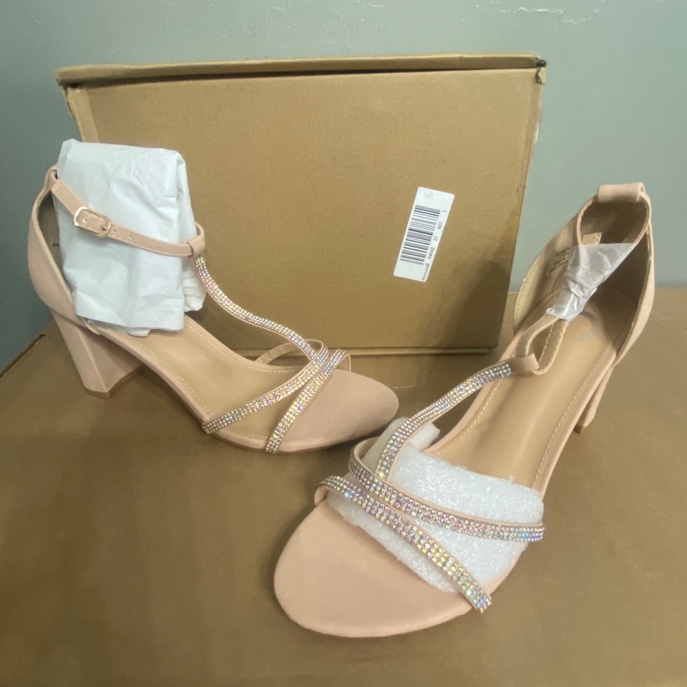 Journee Collection Womens Pink Rhinestone T-Strap Block Heel Sandals Size 9